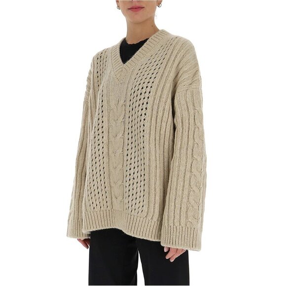 Nanushka Arwan Alpaca Cable Knit Sweater L Beige Cream Oversized - Picture 3 of 14